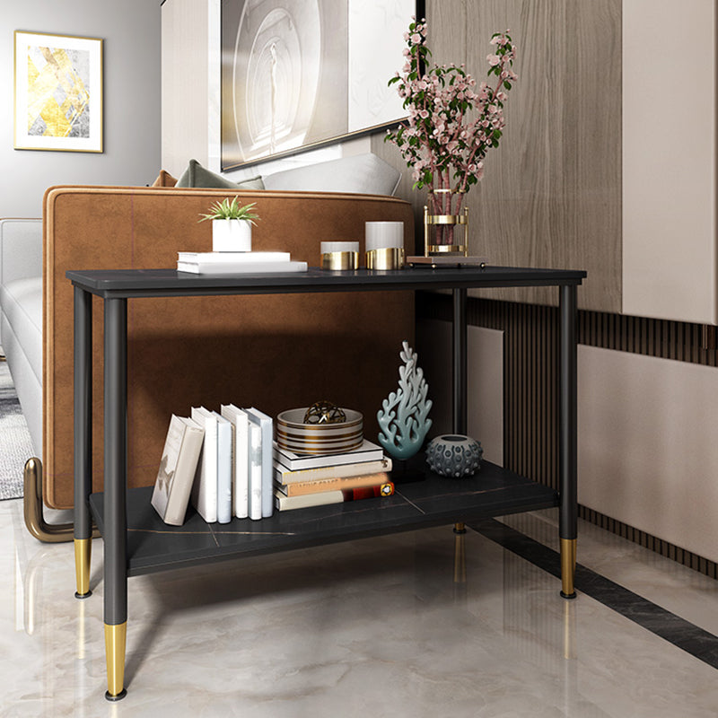 Rectangular Stone 4 Legs Side Table 21.65 Inch Tall One-Shelf End Table