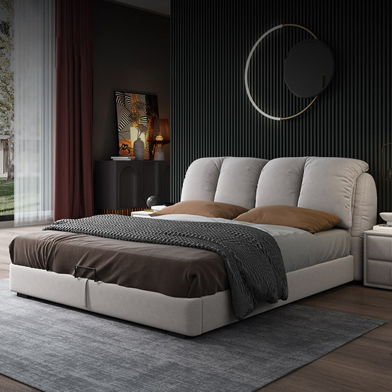 Scandinavian Wood Panel Bed with Faux Leather Rectangular Headboard