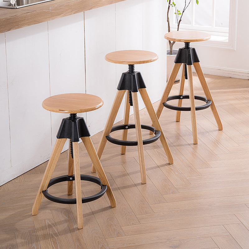 Contemporary Adjustable Height Bar Stool Rubberwood Solid Wood Bar Stool