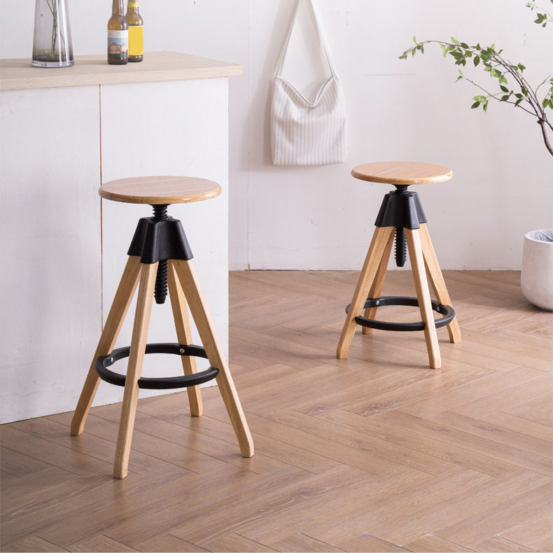 Contemporary Adjustable Height Bar Stool Rubberwood Solid Wood Bar Stool