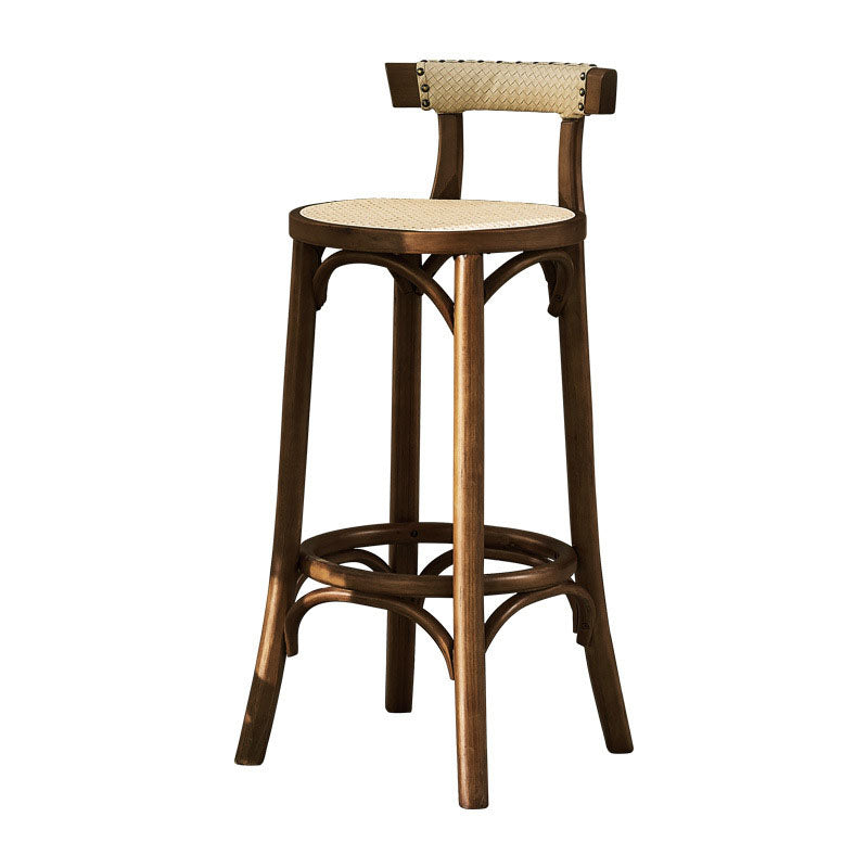 Contemporary Round Footrest Bar Stool Solid Wood Rattan Bar Stool