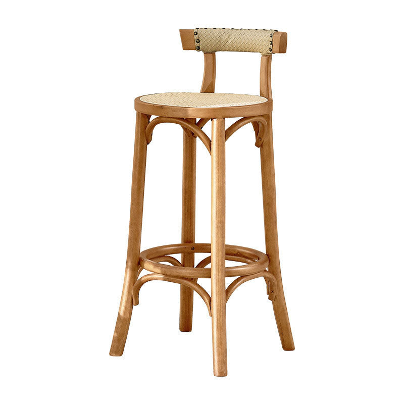 Contemporary Round Footrest Bar Stool Solid Wood Rattan Bar Stool
