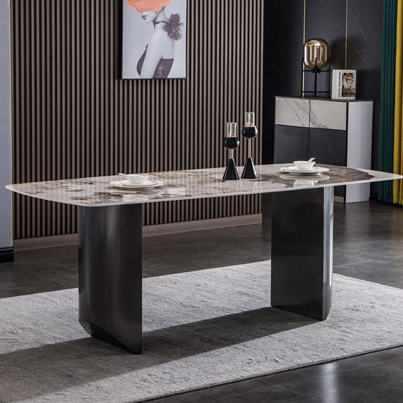 Modern Black Base Dinner Room Kitchen Table Rectangle Stone Dinette Table