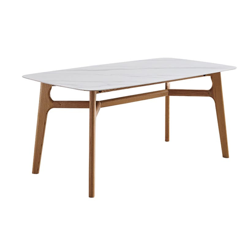 Modern White Stone Top Dinner Table Rectangle Natural Finish Legs Dinette Table