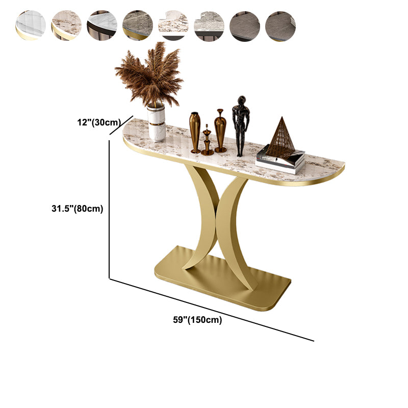 Glam Half Moon Accent Table with Stone Top and Iron Pedestal Base