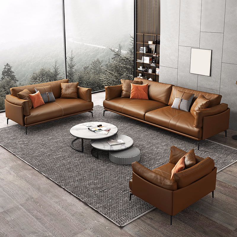 Contemporary Brown Cushions Standard Pillow Top Arm Genuine Leather Sofa