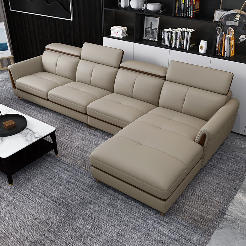 Scandinavian Stain-Resistant Genuine Leather Light-grey Sofa & Chaise