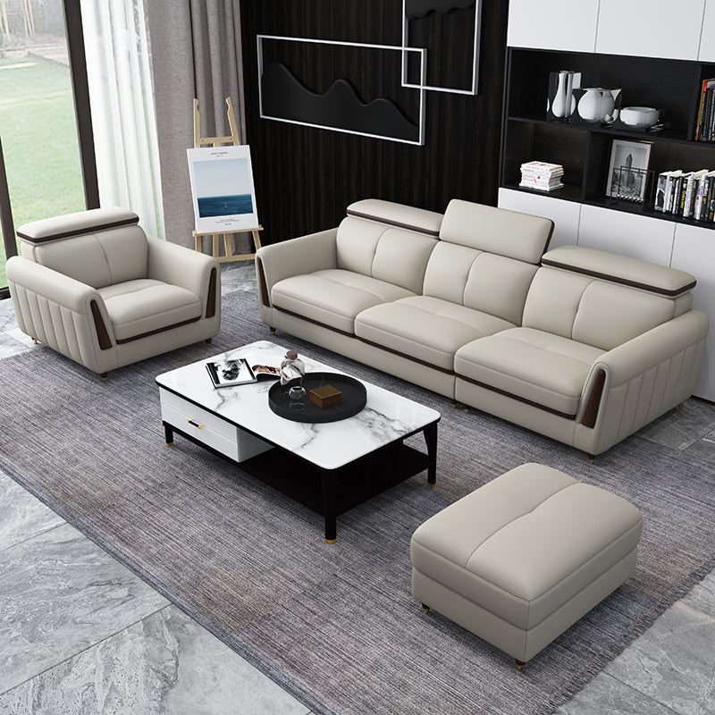 Scandinavian Stain-Resistant Genuine Leather Light-grey Sofa & Chaise