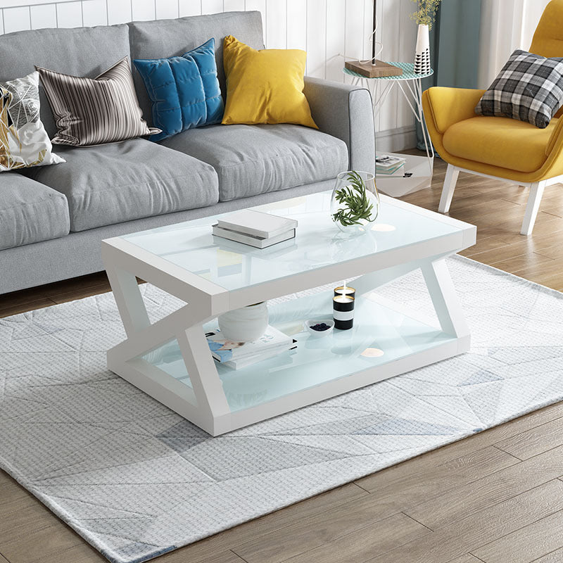 Abstract Base Rectangular Modern Style Glass Table Metal Bottom Frame Coffee Table