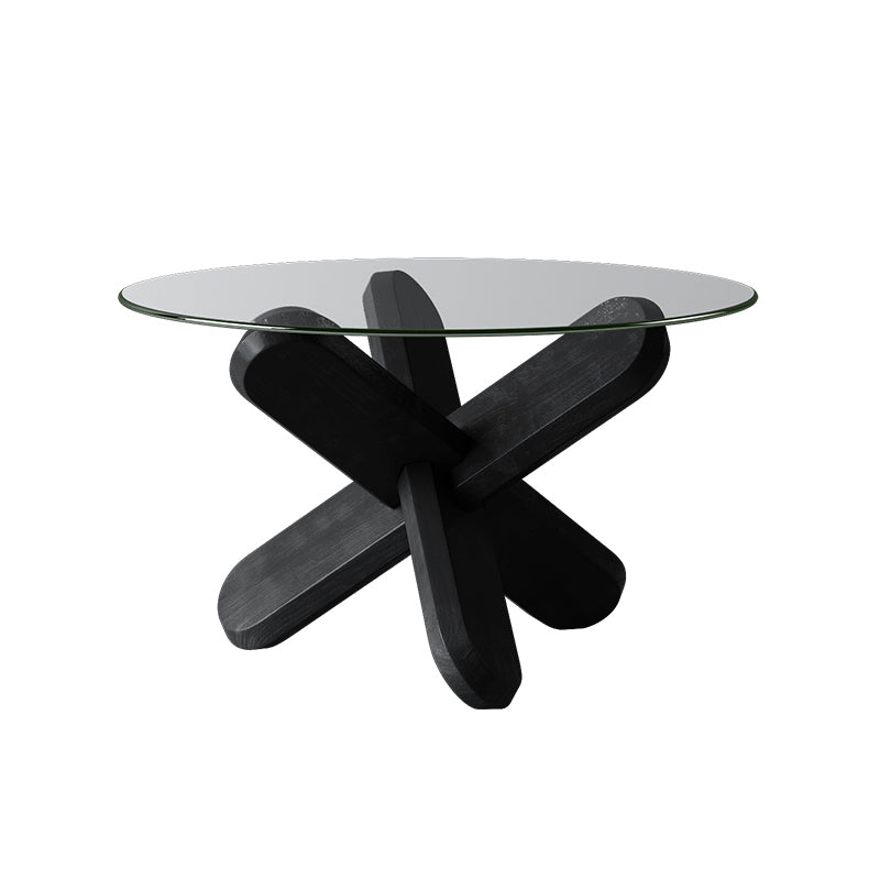 Modern Round Glass Top Coffee Table with Abstract Wooden Leg