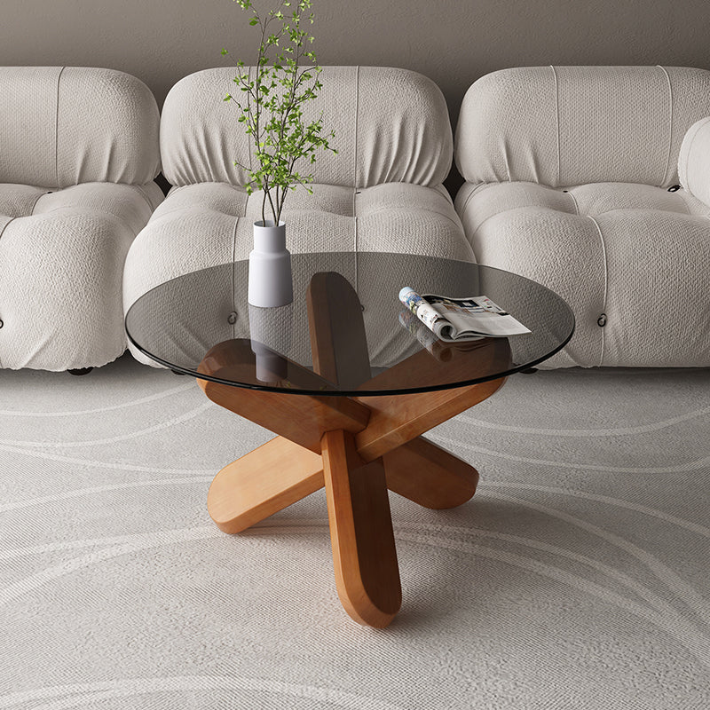 Modern Round Glass Top Coffee Table with Abstract Wooden Leg