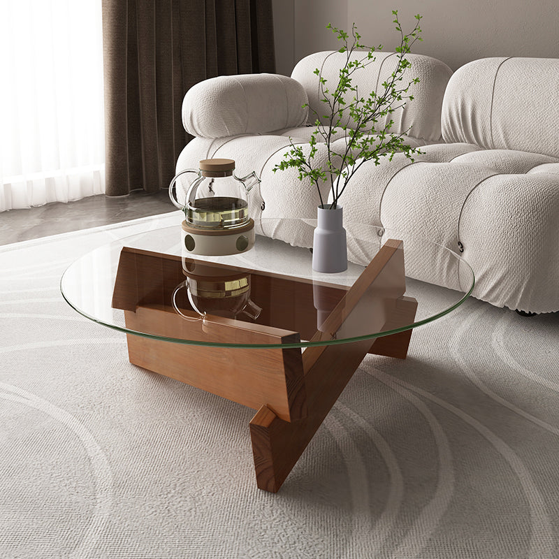 Modern Round Glass Top Coffee Table with Abstract Wooden Leg