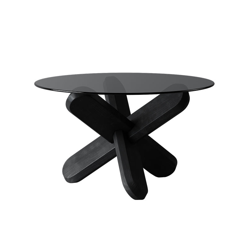 Modern Round Glass Top Coffee Table with Abstract Wooden Leg
