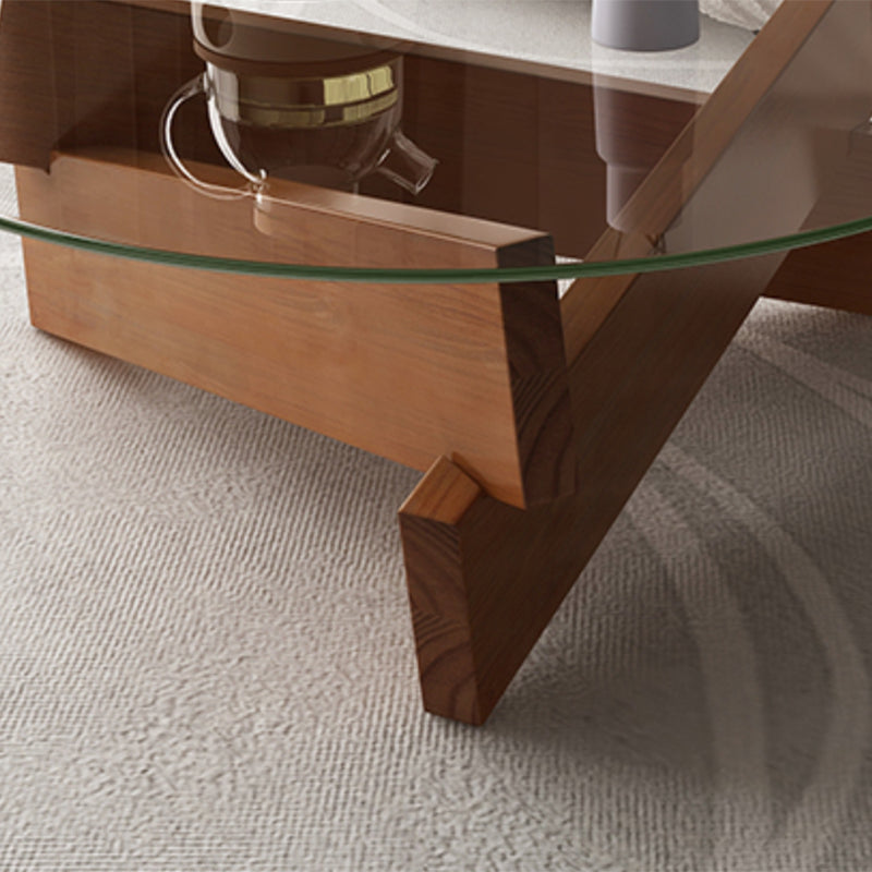 Modern Round Glass Top Coffee Table with Abstract Wooden Leg