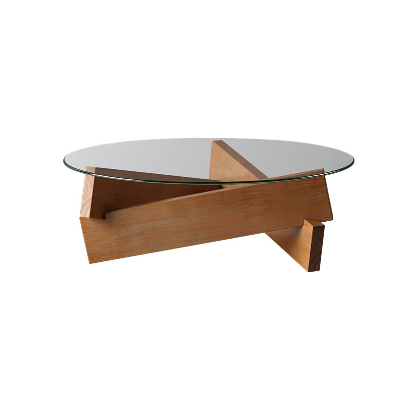 Modern Round Glass Top Coffee Table with Abstract Wooden Leg