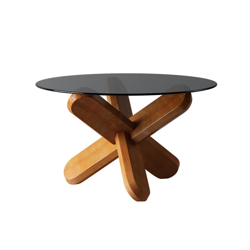 Modern Round Glass Top Coffee Table with Abstract Wooden Leg