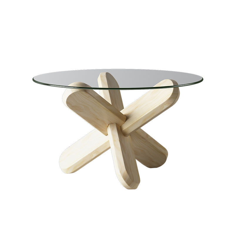 Modern Round Glass Top Coffee Table with Abstract Wooden Leg