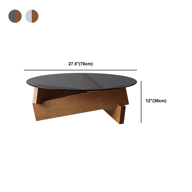 Modern Round Glass Top Coffee Table with Abstract Wooden Leg