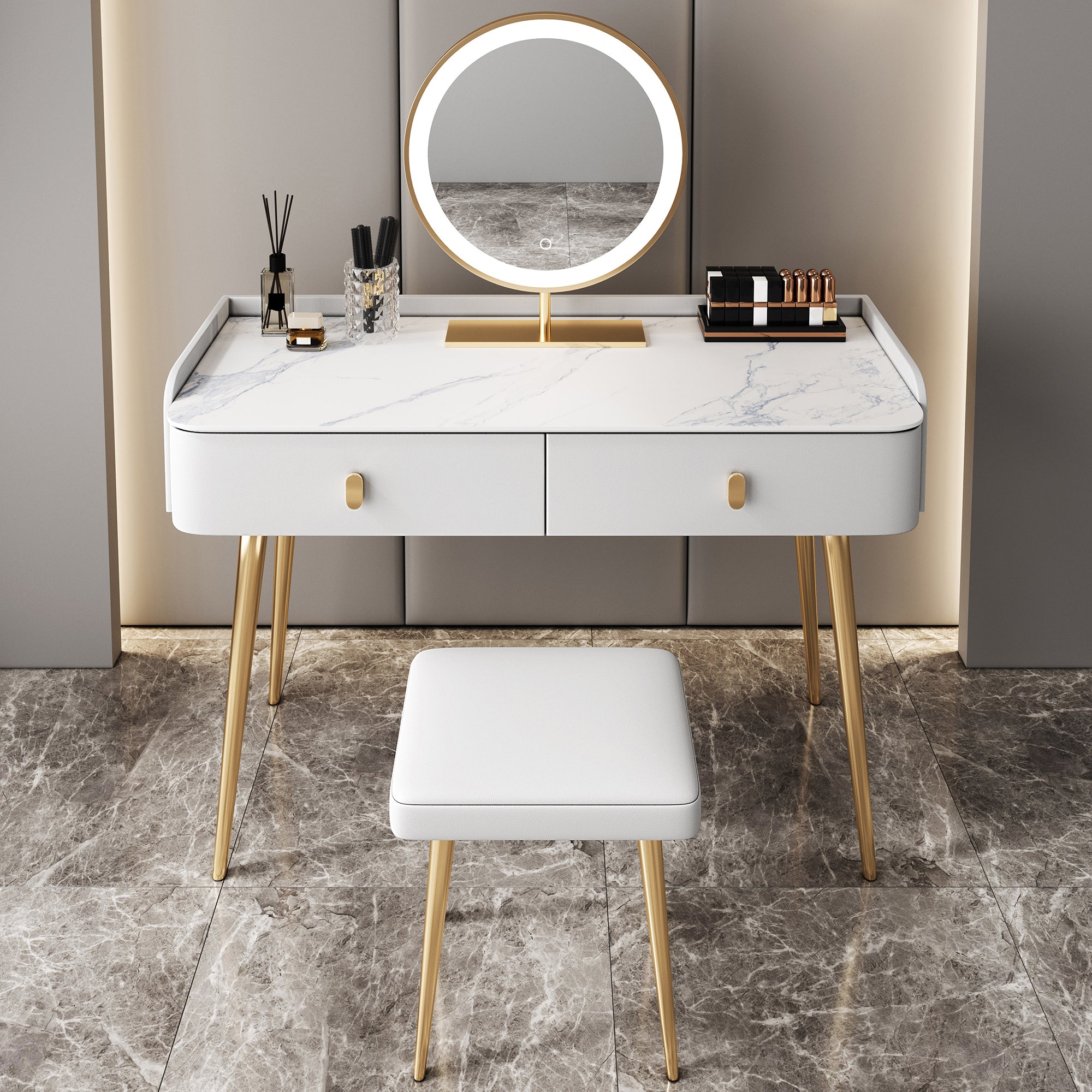 Glam Marble Makeup Vanity Set With Drawer for Bedroom in White