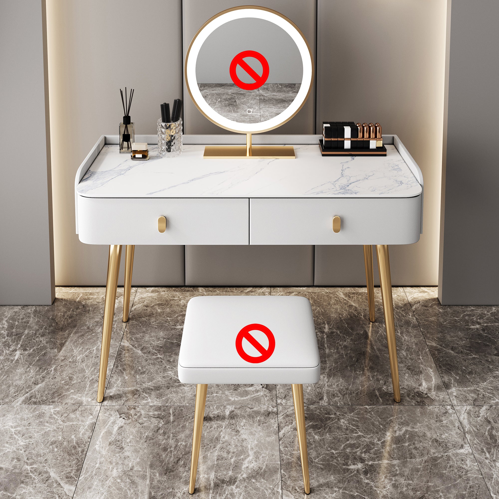 Glam Marble Makeup Vanity Set With Drawer for Bedroom in White