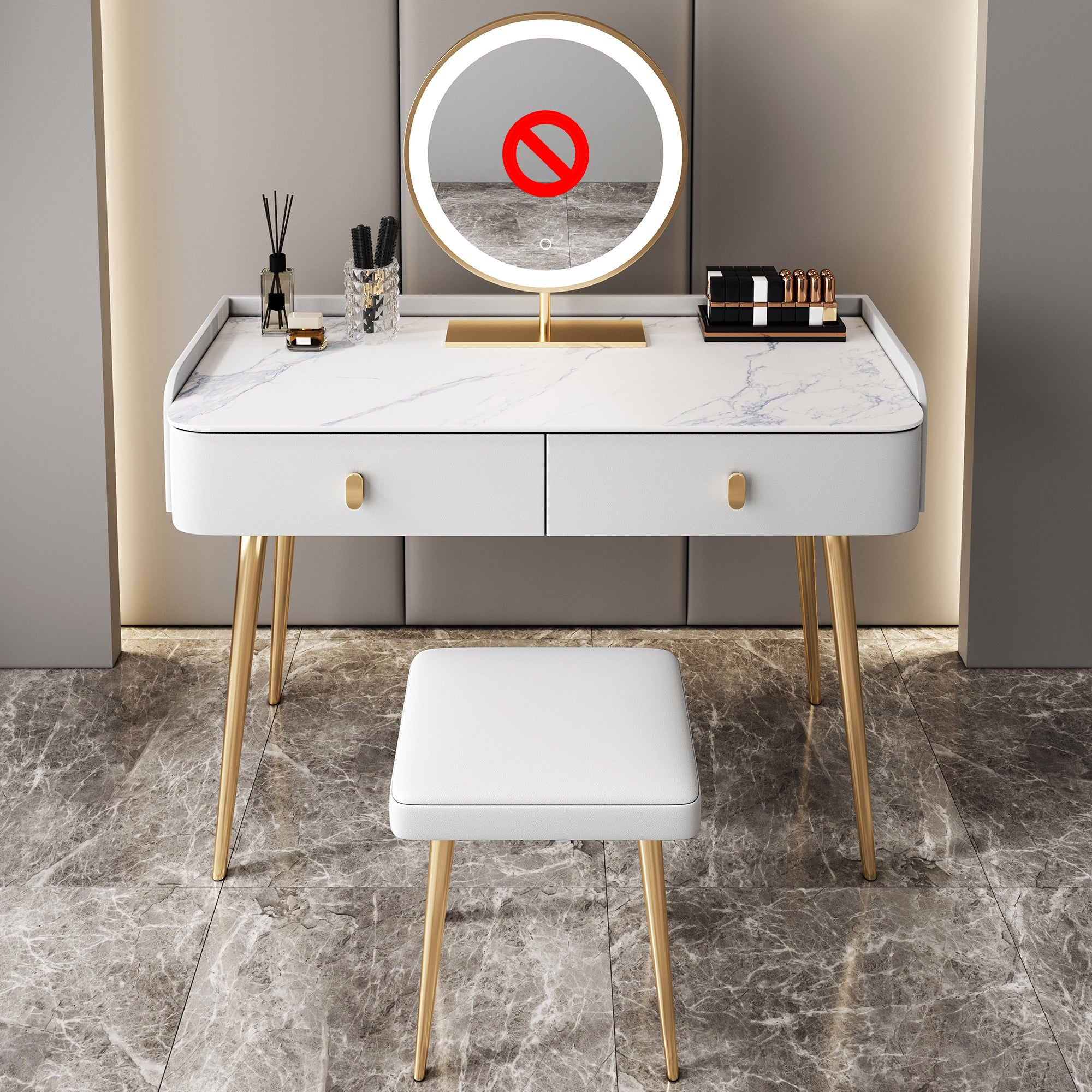 Glam Marble Makeup Vanity Set With Drawer for Bedroom in White