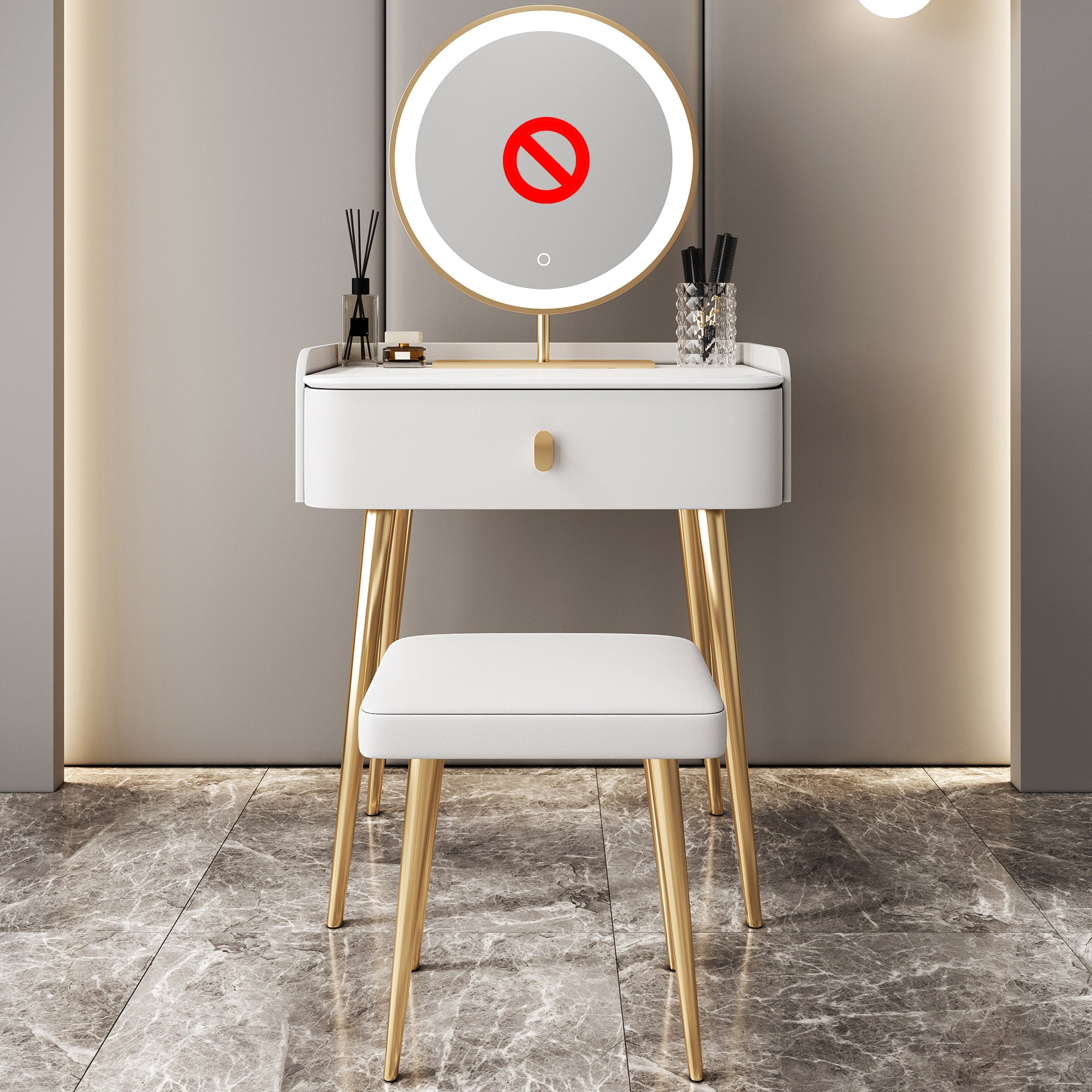 Glam Marble Makeup Vanity Set With Drawer for Bedroom in White