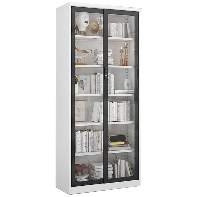 14.9" Wide Whit Bookcase Modern Stainless Steel and Glass Book Shelf With Doors