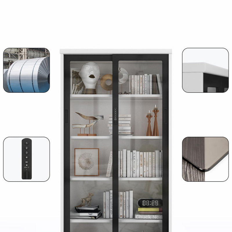 14.9" Wide Whit Bookcase Modern Stainless Steel and Glass Book Shelf With Doors