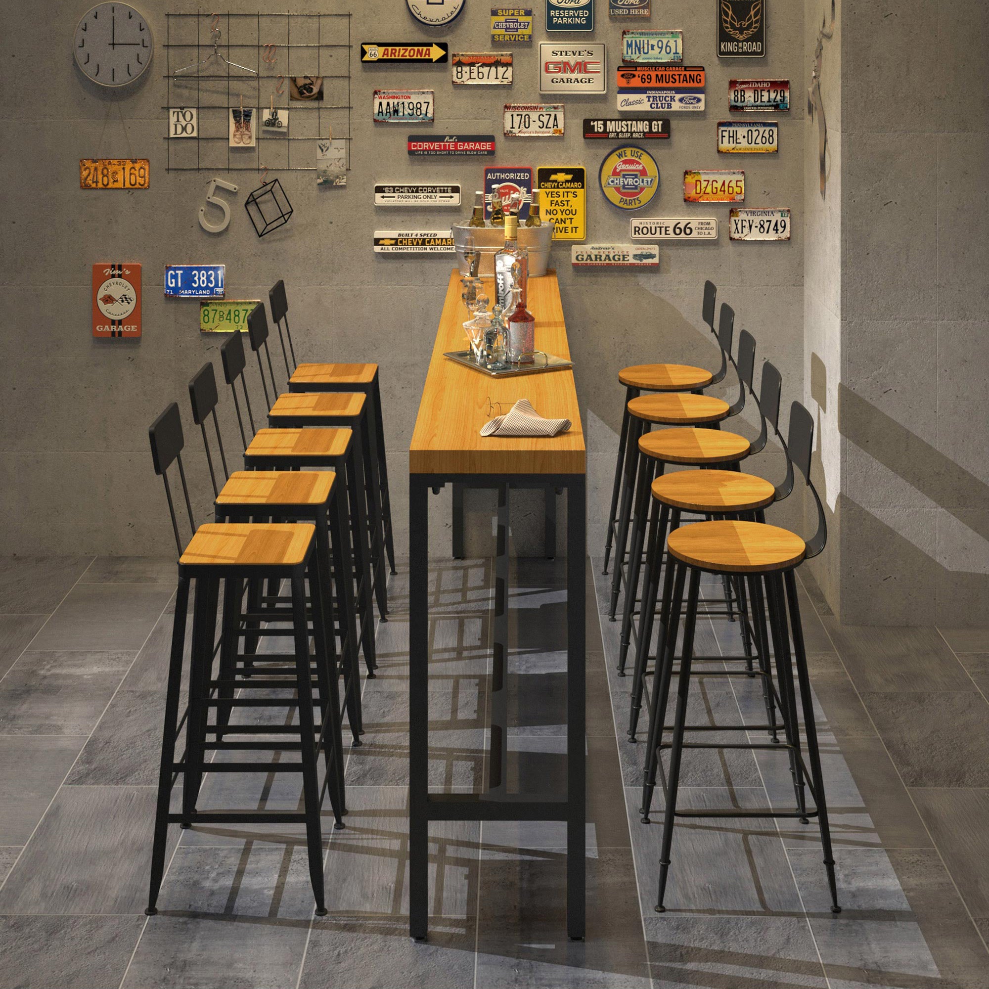Luxurious Rectangle Solid Wood Bar Table Set 1/6/11 Pieces Counter Table with High Stools