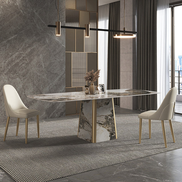 Contemporary Stone Dining Table Rectangle Table with Pedestal Base