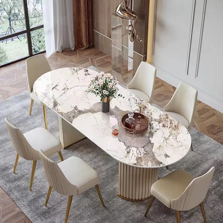 White Stone Dining Table Modern Oval or Free Form White Dining Table with Double Pedestal