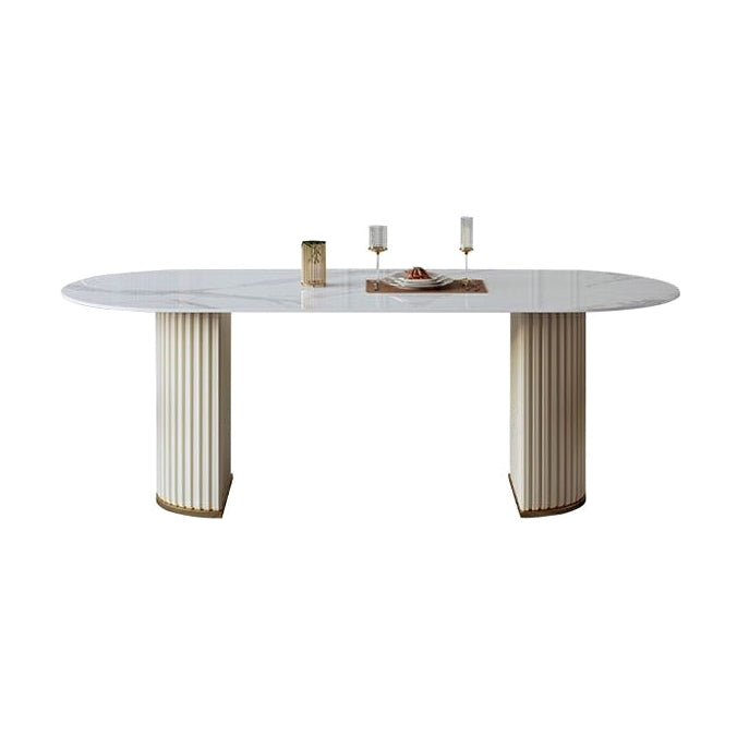 White Stone Dining Table Modern Oval or Free Form White Dining Table with Double Pedestal