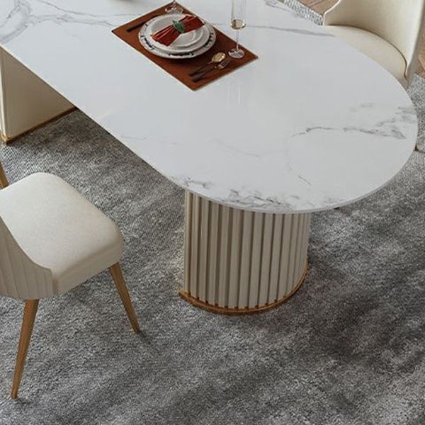 White Stone Dining Table Modern Oval or Free Form White Dining Table with Double Pedestal