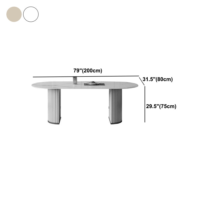 White Stone Dining Table Modern Oval or Free Form White Dining Table with Double Pedestal