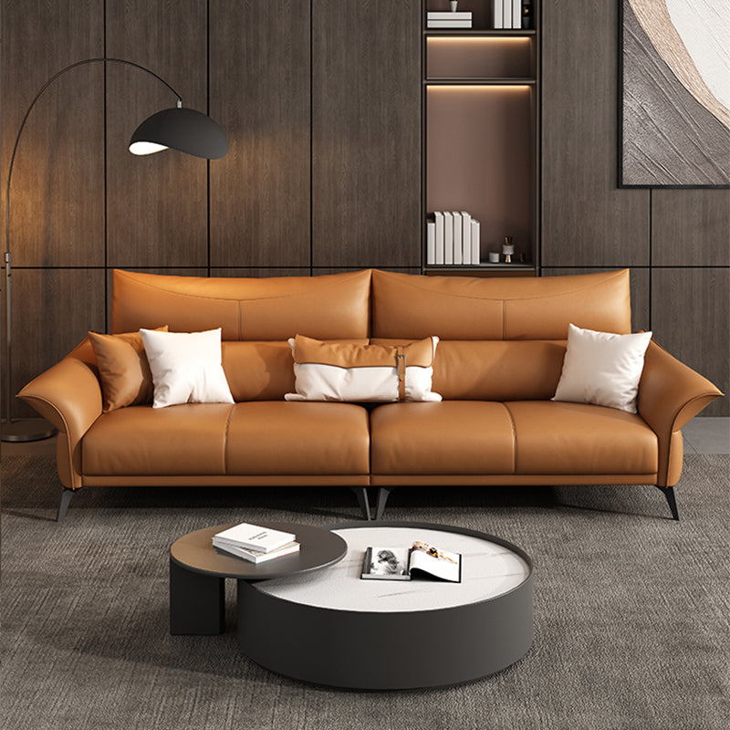 Contemporary Sewn Pillow Back Standard Flared Arm Genuine Leather Sofa