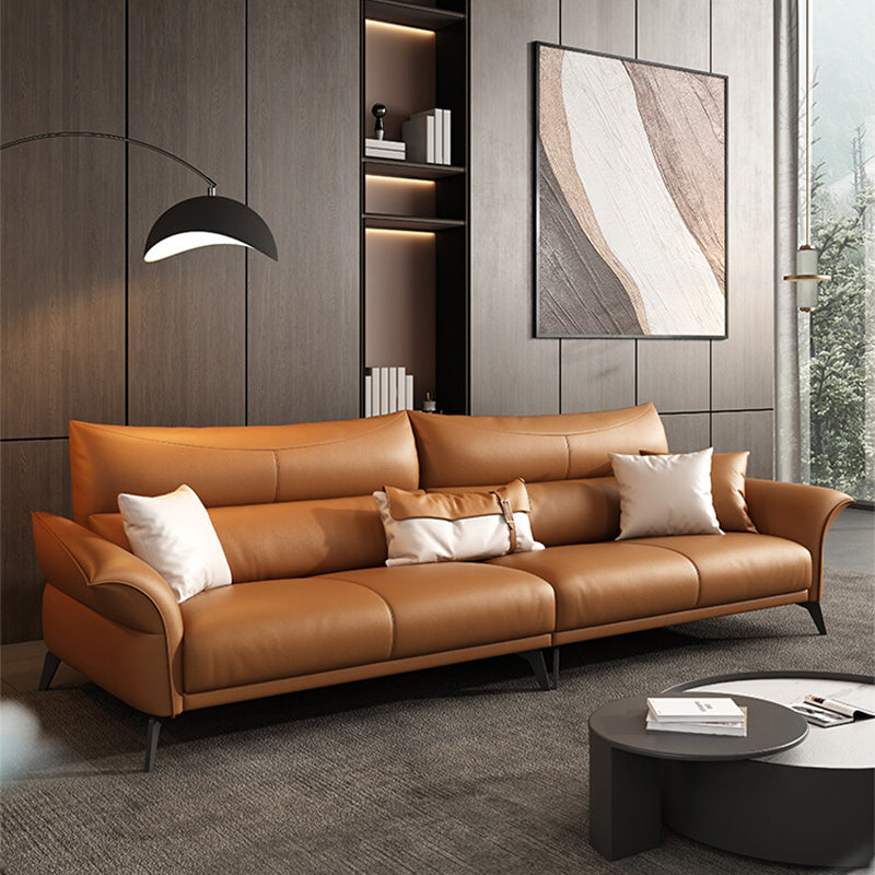 Contemporary Sewn Pillow Back Standard Flared Arm Genuine Leather Sofa