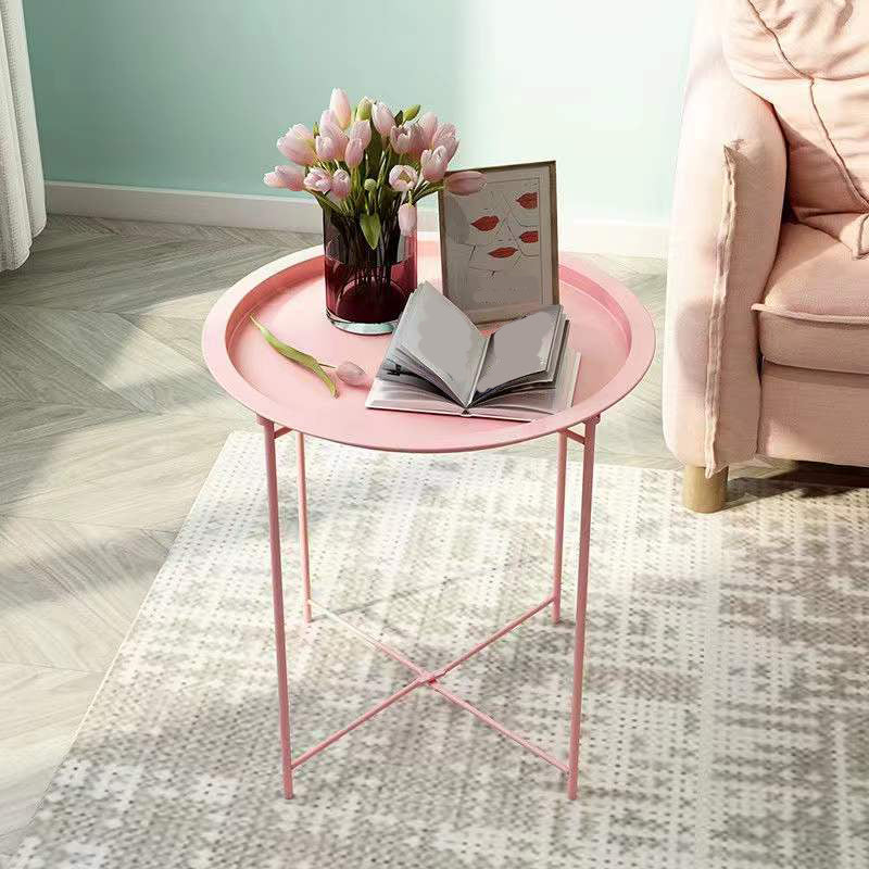 Mid-Century Round Tray Top Side Table Metal Cross Legs End Table