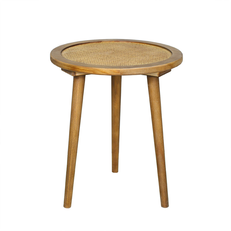 French Rustic Round Rattan Top Side Table 3 Legs Wooden End Table