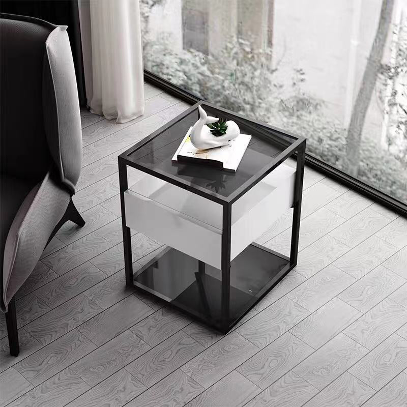 21.2" Tall Modern Rectangular Glass Top Side Table Iron Frame End Table with Storage