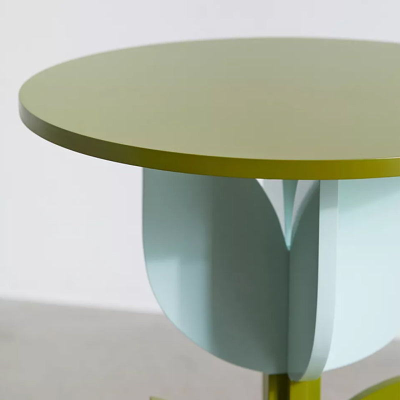 Scandinavian Wood/Glass Top End Table Dia 15.75" Tulip Shape Side Table in Green