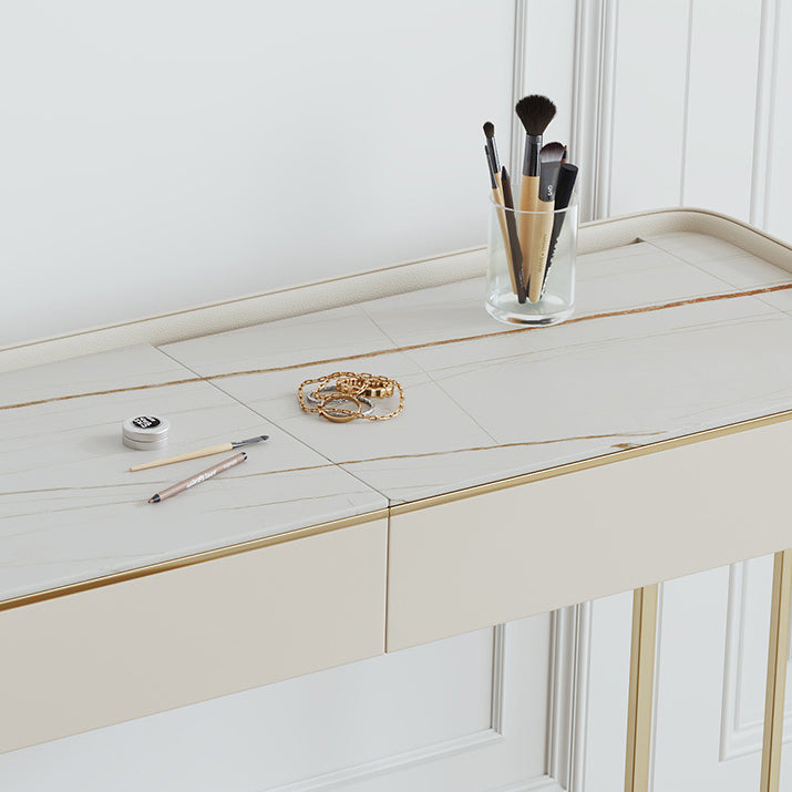 Glam Style Beige Rock Slate Vanity with 5 Drawers Metal Base