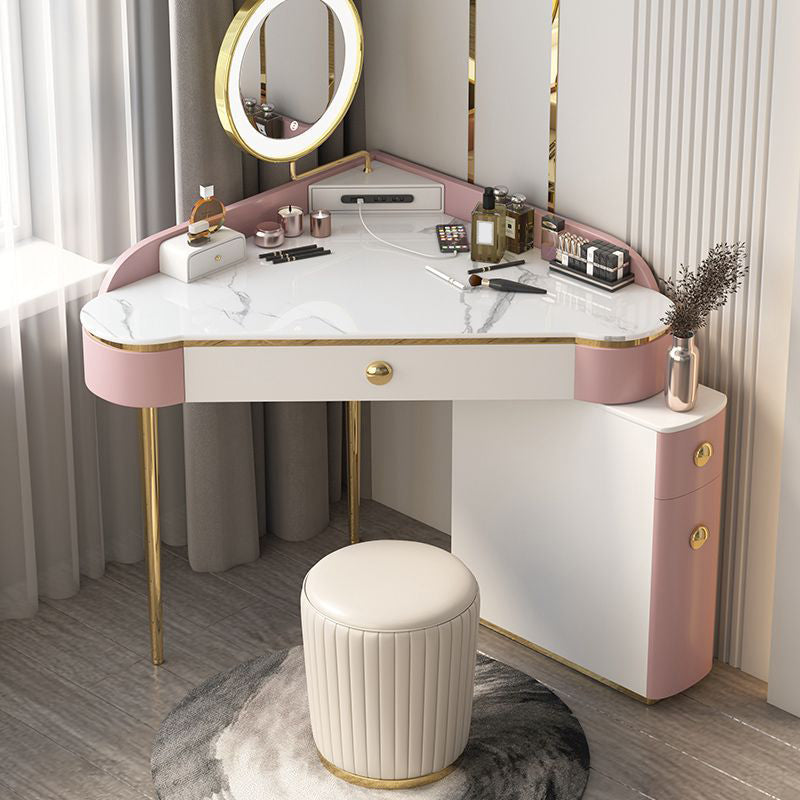 Glam Style Rock Slab Vanity with 3 Drawers White/pink Metal Base