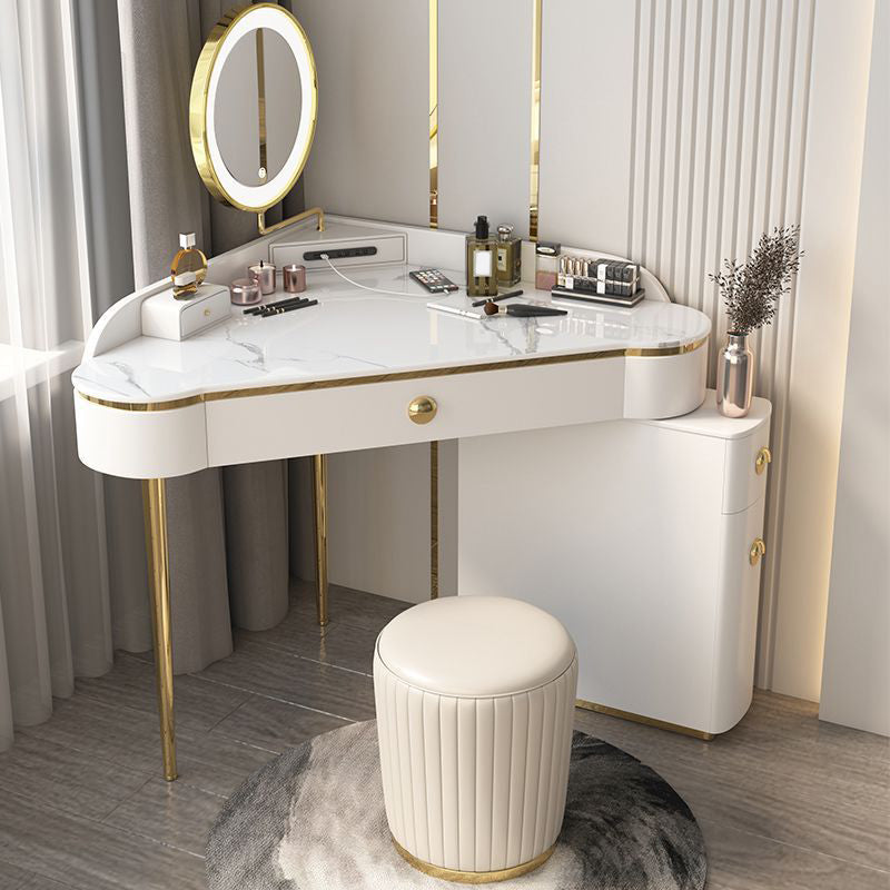 Glam Style Rock Slab Vanity with 3 Drawers White/pink Metal Base