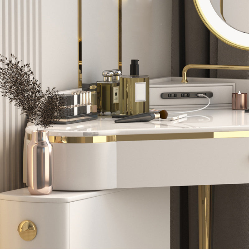 Glam Style Rock Slab Vanity with 3 Drawers White/pink Metal Base