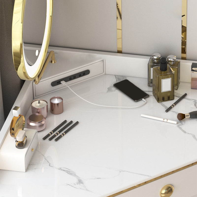 Glam Style Rock Slab Vanity with 3 Drawers White/pink Metal Base