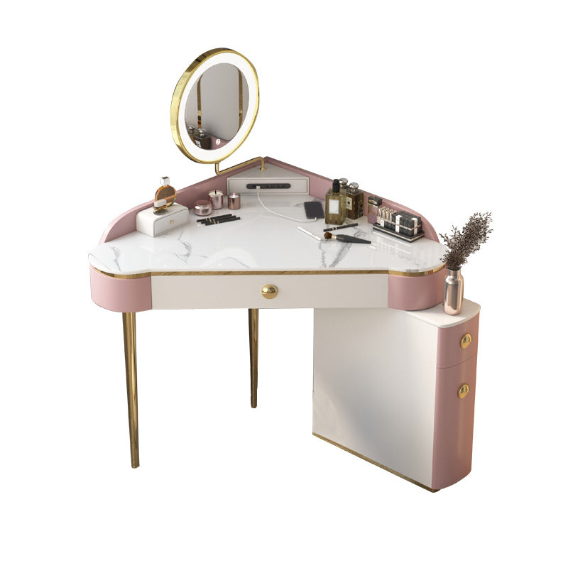Glam Style Rock Slab Vanity with 3 Drawers White/pink Metal Base
