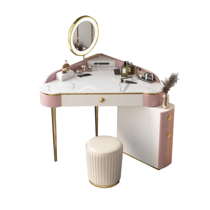 Glam Style Rock Slab Vanity with 3 Drawers White/pink Metal Base