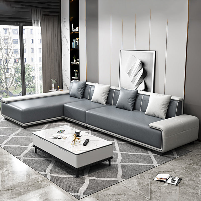 Faux Leather Sofa & Chaise with Pillows Modern U Sofa in Gray - 29.53" H
