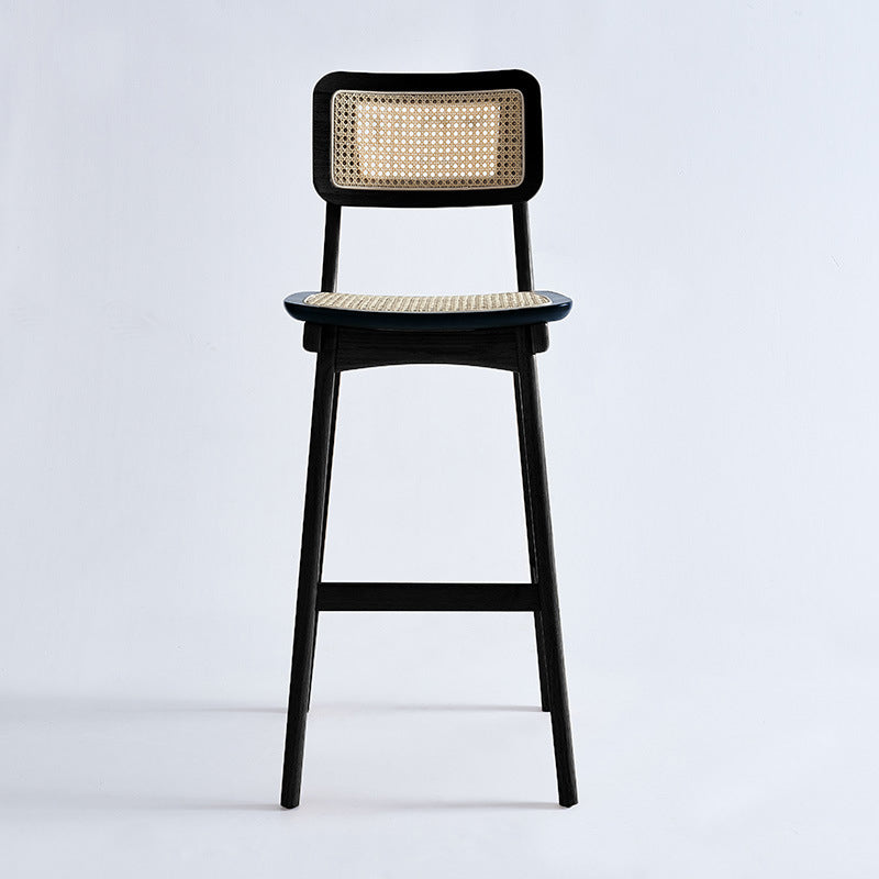 Low Back Solid Wood Bar Stool Modern Rattan Armless Stool for Living Room