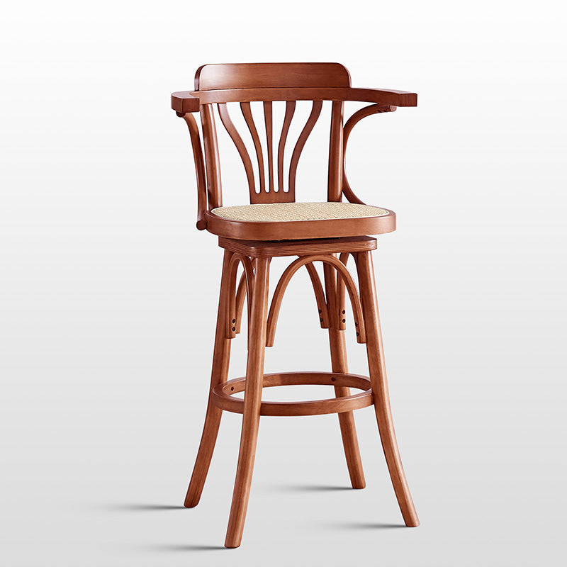 Modern Rattan Armed Stool Low Back Wood Stool with Swivel for Restaurant